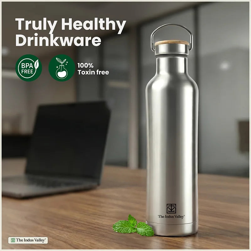 Premium Stainless Steel Bottles with SS Lid 1 Litre Set of 2 – Leak Proof, Double Wall, Vacuum Insulated Hot & Cold