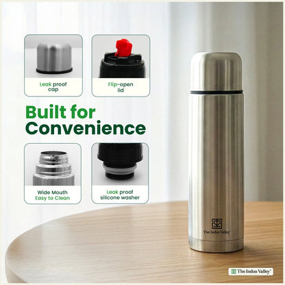 Stainless steel Bullet flasks with flip Lid 1 Litre Set of 2 – Double Wall, Vacuum insulated, Hot & Cold