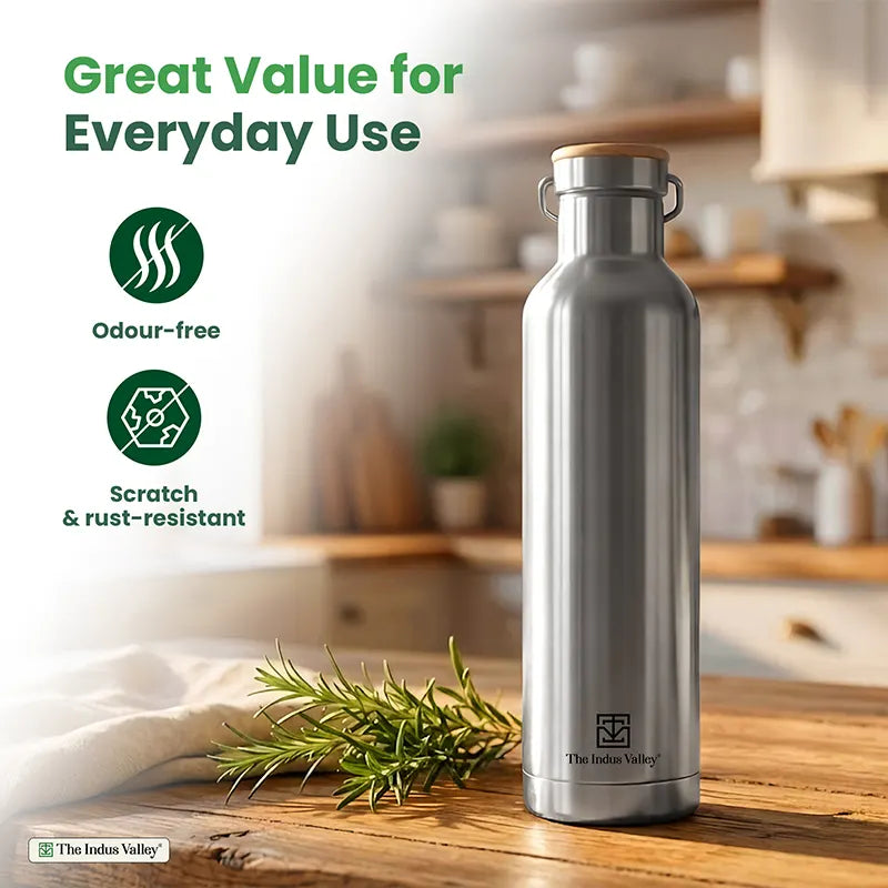 Premium Stainless Steel Bottles with SS Lid 1 Litre Set of 2 – Leak Proof, Double Wall, Vacuum Insulated Hot & Cold