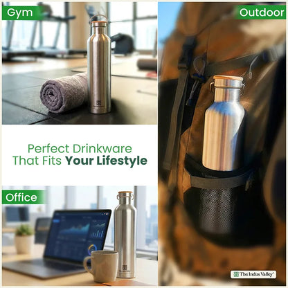 Premium Stainless Steel Bottles with SS Lid 1 Litre Set of 2 – Leak Proof, Double Wall, Vacuum Insulated Hot & Cold