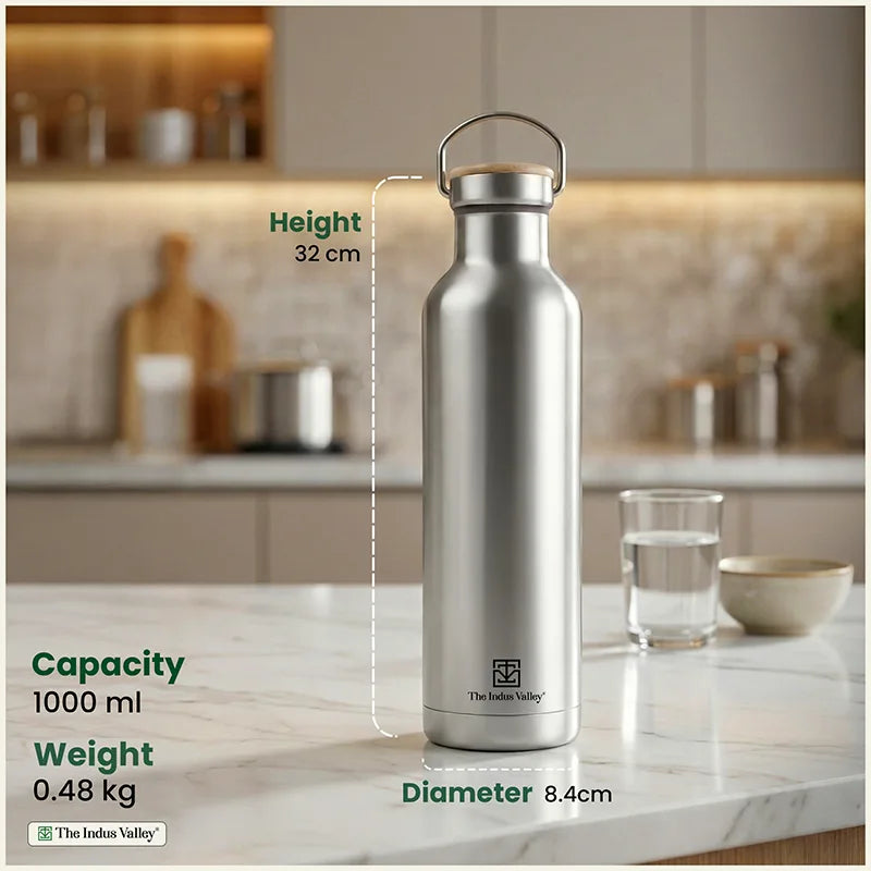 Premium Stainless Steel Bottles with SS Lid 1 Litre Set of 2 – Leak Proof, Double Wall, Vacuum Insulated Hot & Cold