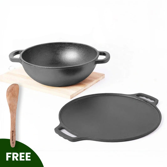 CASTrong Thick Cast Iron Kadai+Tawa+Free ₹110 Spatula,Kitchen set for Home, Pre-seasoned,100% Pure,Toxin-free