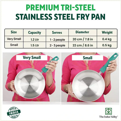 Tri-Steel Stainless Steel Frying Pan/Skillet, Premium Quality, Tri-ply (3 Layer) Bottom, Soft-touch Handle, 100% Toxin-free, Non-stick, Induction & Gas, 20.9/22.8 cm, 0.85/1.5 L