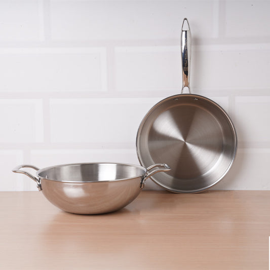 TurboCuk Tri-ply Stainless Steel Cookware Set: Kadai+ Fry Pan, Premium Quality, 3 Layer Thick Body, 100% Toxin-free, Non-stick, Induction & Gas, Free ₹600 Wood Chopping Board