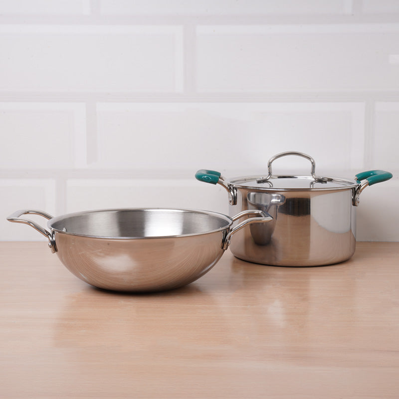 TurboCuk Tri-ply Stainless Steel Cookware Set: (23.4cm)Kadai+(21.6cm)Biryani Pot, Premium Quality, 3 Layer Thick Body, 100% Toxin-free, Non-stick, Induction & Gas, Free ₹600 Wooden Board