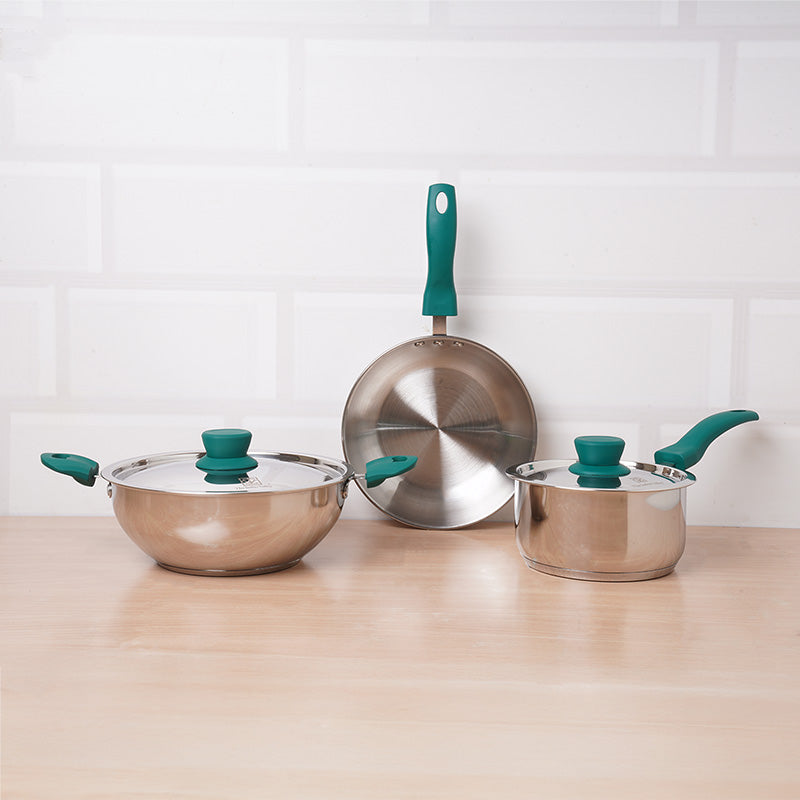 Tri-Steel Stainless Steel Cookware Set: Kadai with Lid(22cm)+ Tea/Milk Pan with Lid(16cm)+ Fry Pan(22cm), Premium Quality, Tri-ply (3 Layer Bottom), Soft-touch Handles, 100% Toxin-free, Non-stick, Induction & Gas