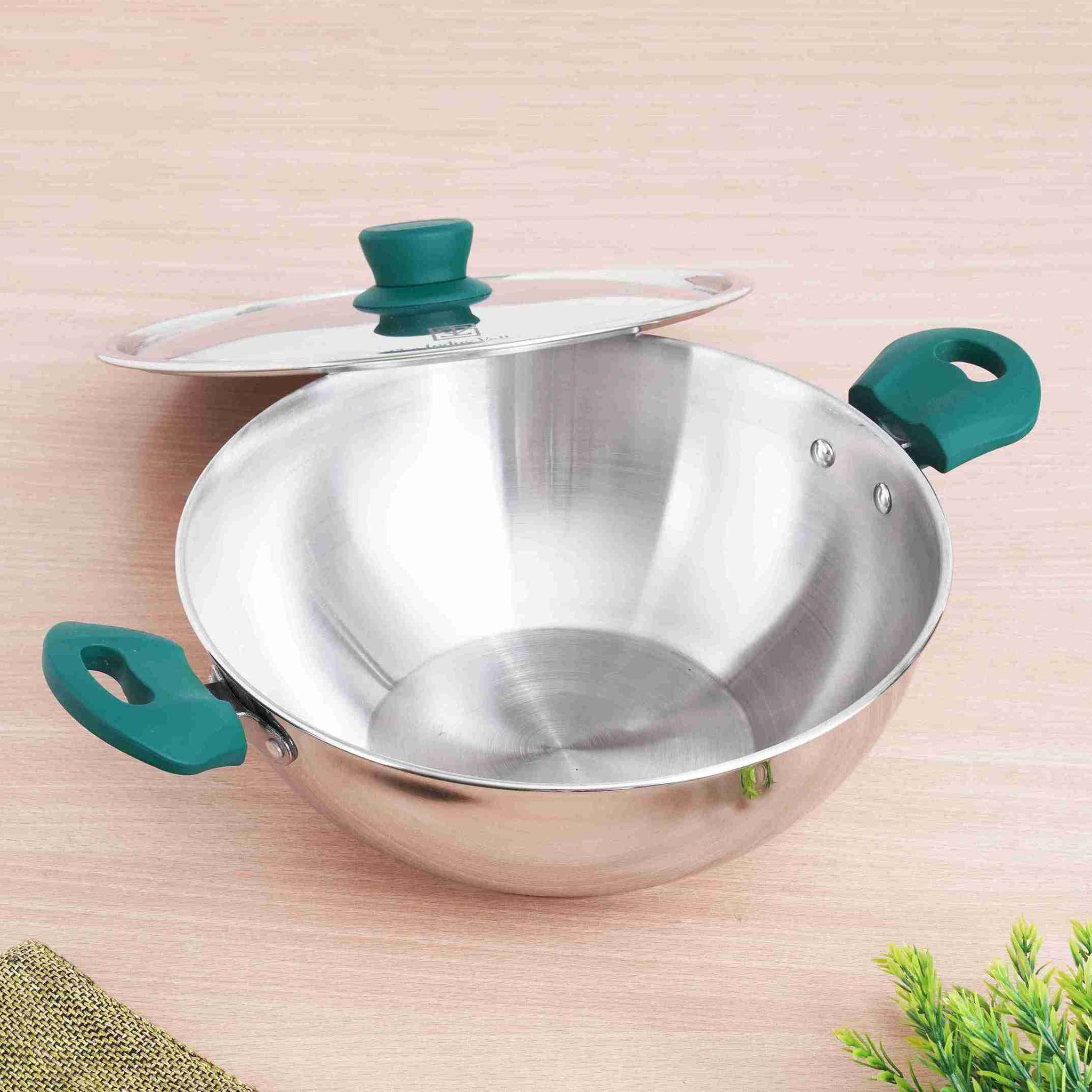 Tri-Steel Stainless Steel Kadai+ Lid 1.6/2.1/3.4/4.5 L, Premium Quality, Tri-ply (3 Layer) Bottom, Cool-touch Handles, 100% Toxin-free, Non-stick, Induction & Gas