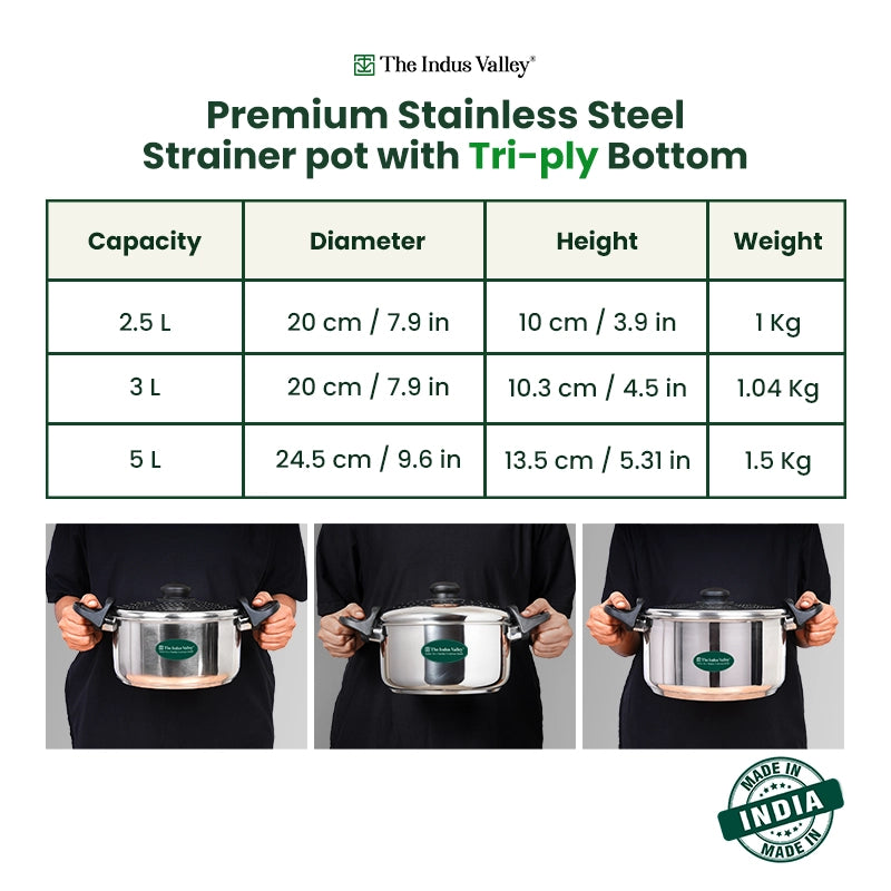 Premium Stainless Steel Rice Pot with Strainer Lid & Lock free Bakelite Handles 2.5/3L/5L, Tri-ply 3-Layer Heavy Bottom | Noodle/Pasta/Corn/Soya/Veggies Boiler Pot, Steamer Cooker, Induction & Gas