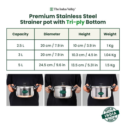 Premium Stainless Steel Rice Pot with Strainer Lid & Lock free Bakelite Handles 2.5/3.5L/5L, Tri-ply 3-Layer Heavy Bottom | Noodle/Pasta/Corn/Soya/Veggies Boiler Pot, Steamer Cooker, Induction & Gas