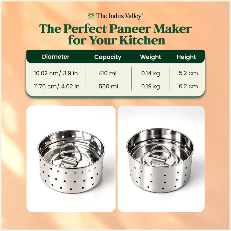 Premium Stainless Steel Paneer Maker 410ml/550ml, 100% Rust Free, Food Grade, Toxin-Free, Easy Homemade Paneer Making, 3-Piece Set