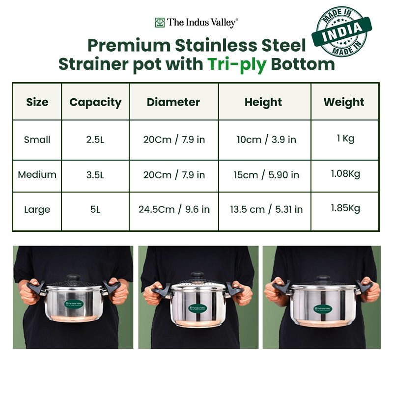 Premium Stainless Steel Rice Pot with Strainer Lid & Lock free Bakelite Handles 2.5/3.5L/5L, Tri-ply 3-Layer Heavy Bottom | Noodle/Pasta/Corn/Soya/Veggies Boiler Pot, Steamer Cooker, Induction & Gas