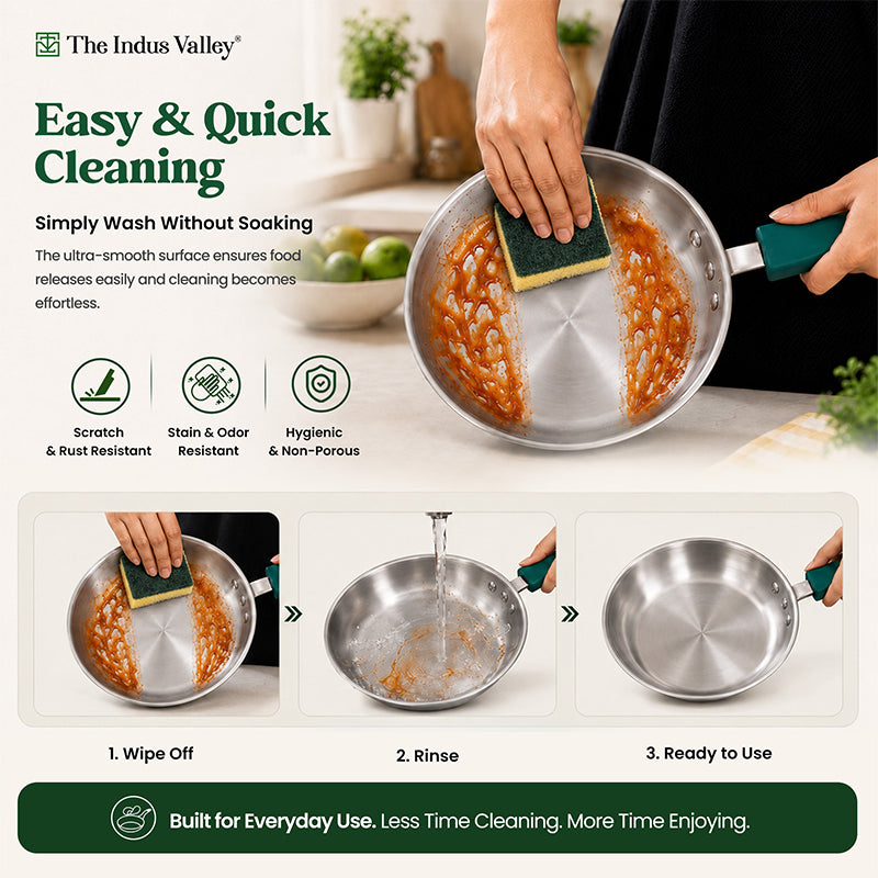 Premium Tri-ply Cookware Set: Kadai with Glass Lid(20cm)+Saucepan(14cm)+ Frypan(18cm), Tri-ply (3 Layer) Bottom, Induction & Gas