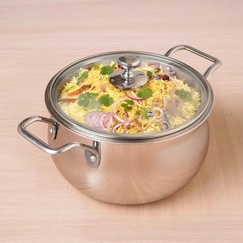 TurboCuk Tri-ply Stainless Steel 4L Handi Casserole/ Biryani Cooking Pot+ Glass Lid, Premium Quality, 3 Layer Thick Body, 100% Toxin-free, Non-stick, Induction & Gas