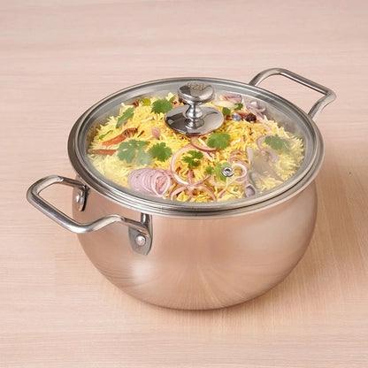 TurboCuk Tri-ply Stainless Steel Handi Casserole/ Biryani Cooking Pot+ Glass Lid 4L, Premium Quality, 3 Layer Thick Body, 100% Toxin-free, Non-stick, Induction & Gas