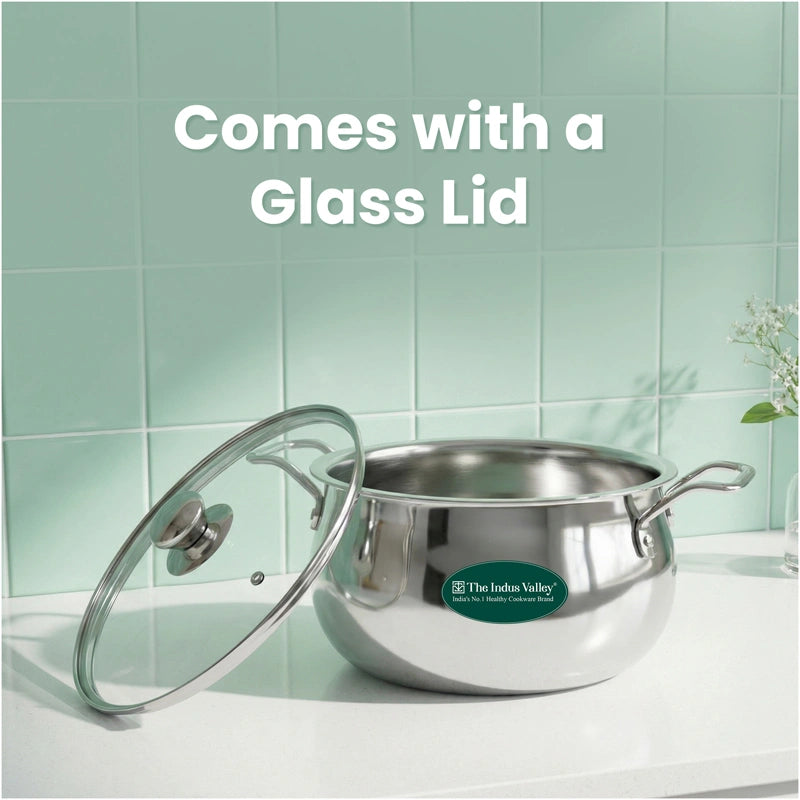 TurboCuk Tri-ply Stainless Steel Handi Casserole/ Biryani Cooking Pot+ Glass Lid 4L, Premium Quality, 3 Layer Thick Body, 100% Toxin-free, Non-stick, Induction & Gas