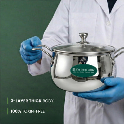 TurboCuk Tri-ply Stainless Steel Handi Casserole/ Biryani Cooking Pot+ Glass Lid 4L, Premium Quality, 3 Layer Thick Body, 100% Toxin-free, Non-stick, Induction & Gas
