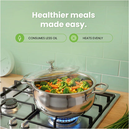 TurboCuk Tri-ply Stainless Steel Handi Casserole/ Biryani Cooking Pot+ Glass Lid 4L, Premium Quality, 3 Layer Thick Body, 100% Toxin-free, Non-stick, Induction & Gas