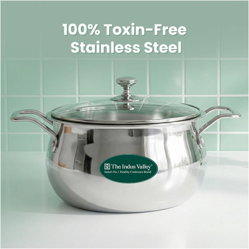 TurboCuk Tri-ply Stainless Steel Handi Casserole/ Biryani Cooking Pot+ Glass Lid 4L, Premium Quality, 3 Layer Thick Body, 100% Toxin-free, Non-stick, Induction & Gas