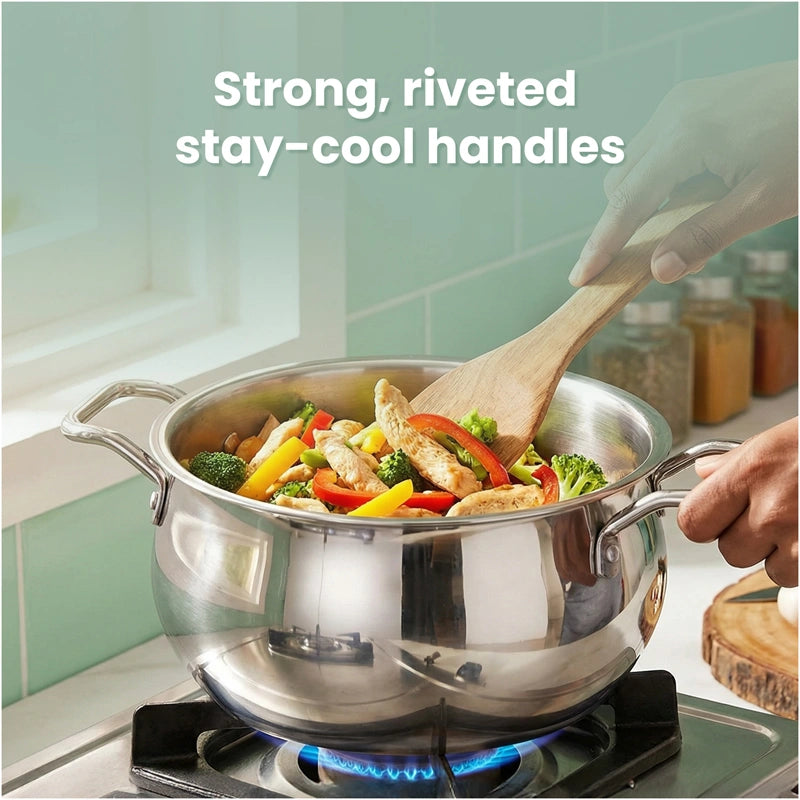 TurboCuk Tri-ply Stainless Steel Handi Casserole/ Biryani Cooking Pot+ Glass Lid 4L, Premium Quality, 3 Layer Thick Body, 100% Toxin-free, Non-stick, Induction & Gas