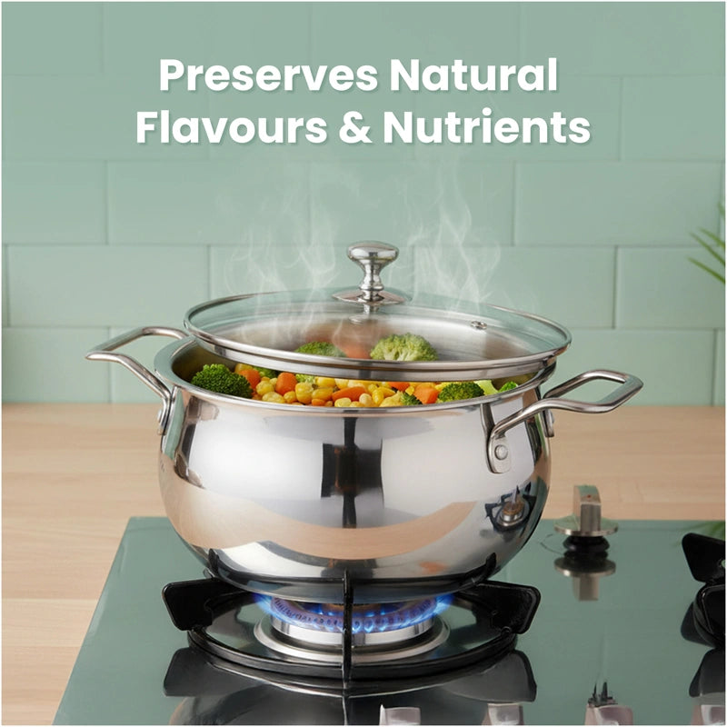 TurboCuk Tri-ply Stainless Steel Handi Casserole/ Biryani Cooking Pot+ Glass Lid 4L, Premium Quality, 3 Layer Thick Body, 100% Toxin-free, Non-stick, Induction & Gas