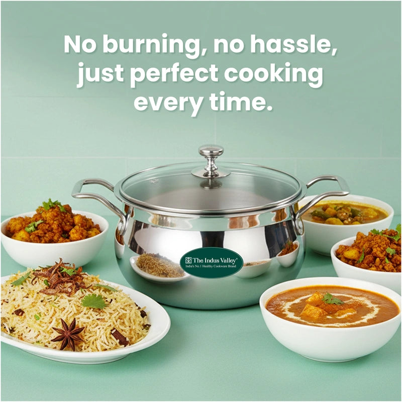 TurboCuk Tri-ply Stainless Steel Handi Casserole/ Biryani Cooking Pot+ Glass Lid 4L, Premium Quality, 3 Layer Thick Body, 100% Toxin-free, Non-stick, Induction & Gas
