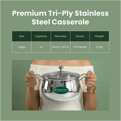 TurboCuk Tri-ply Stainless Steel Handi Casserole/ Biryani Cooking Pot+ Glass Lid 4L, Premium Quality, 3 Layer Thick Body, 100% Toxin-free, Non-stick, Induction & Gas