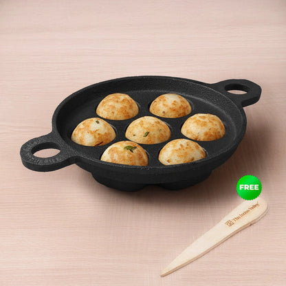 Super Smooth 7 Pit/Cup Cast Iron Paniyaram/Appe Pan+ Free Spatula, Pre-seasoned, Natural Nonstick, 100% Pure, Toxin-free, 18.9cm, 2.26 kg