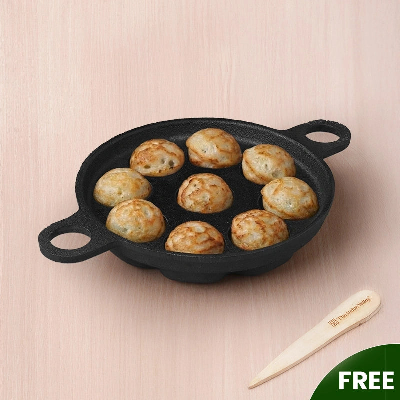 Super Smooth 20.7 cm 9 Pit/Cup Cast Iron Paniyaram/Appe Pan+ Free Spatula, Pre-seasoned, Natural Nonstick, 100% Pure, Toxin-free, 20.7 cm, 2.8kg