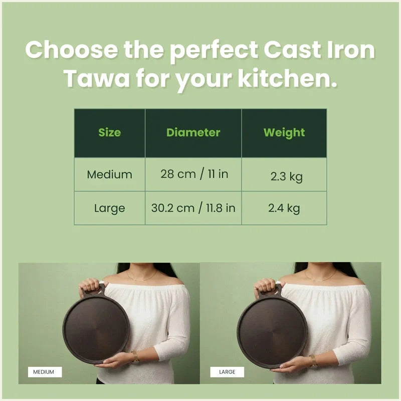 Super Smooth Cast Iron Tawa 28/30.2cm Pre-seasoned, Naturally Nonstick, 100% Pure, Toxin-free, Induction 2.3/2.4kg