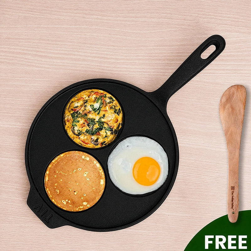 CASTrong Cast Iron Uttapam/ Set Dosa Tawa 23cm + Flip, 3 Pit, Pre-seasoned, 100% Pure, Toxin-free, Induction