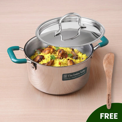 TurboCuk Tri-ply Stainless Steel Biryani Cooking Pot/Casserole 2.9L, Premium Quality, 3 Layer Thick Body, Cool Silicone Handles, 100% Toxin-free, Non-stick, Induction & Gas, Free ₹ 110 Spatula