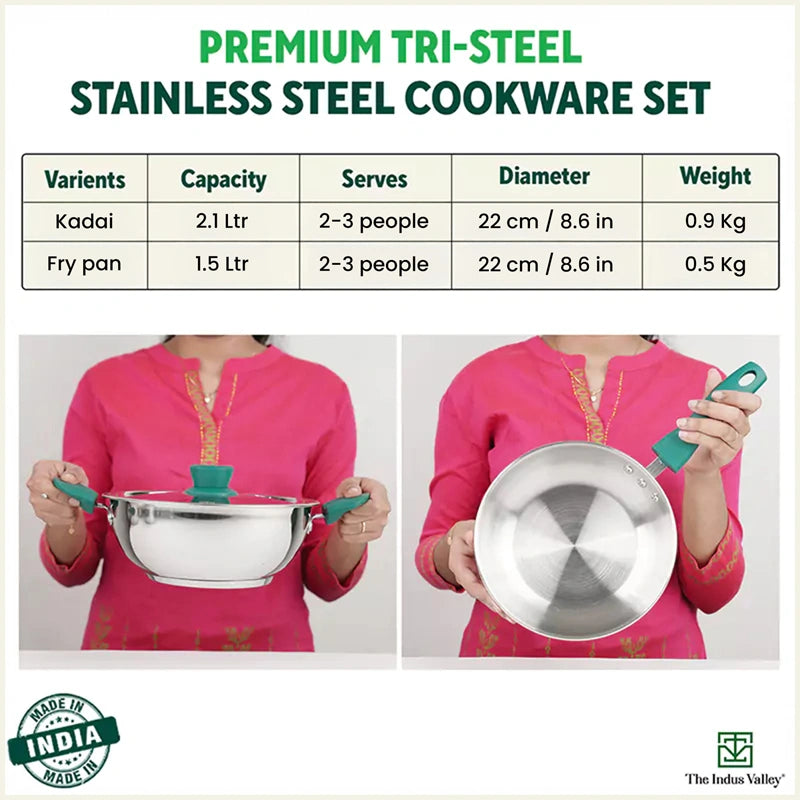 Tri-Steel Stainless Steel Cookware Set: Kadai with Lid(22cm)+ Frypan(22cm), Premium Quality, Tri-ply (3 Layer) Bottom, Soft-touch Handles, 100% Toxin-free, Non-stick, Induction & Gas
