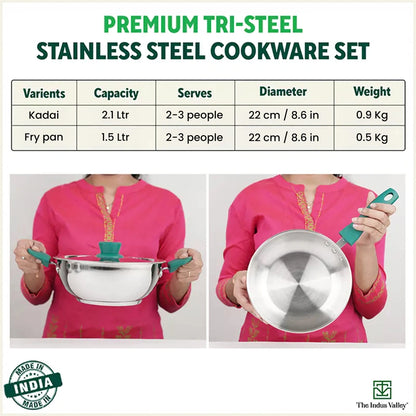 Tri-Steel Stainless Steel Cookware Set: Kadai with Lid(22cm)+ Frypan(22cm), Premium Quality, Tri-ply (3 Layer) Bottom, Soft-touch Handles, 100% Toxin-free, Non-stick, Induction & Gas