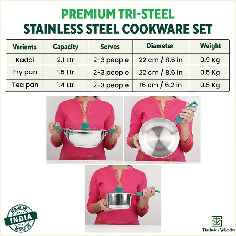 Tri-Steel Stainless Steel Cookware Set: Kadai with Lid(22cm)+ Tea/Milk Pan with Lid(16cm)+ Fry Pan(22cm), Premium Quality, Tri-ply (3 Layer Bottom), Soft-touch Handles, 100% Toxin-free, Non-stick, Induction & Gas