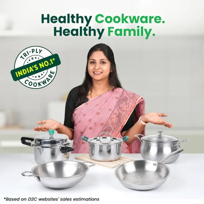 TurboCuk Tri-ply Stainless Steel Cookware Set: 3L Kadai with Lid + 1.4L Fry Pan, Premium Quality, 3 Layer Thick Body, 100% Toxin-free, Non-stick, Induction & Gas
