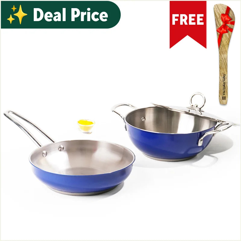 Tri-Steel Premium Stainless Steel Cookware Kitchen Set for Home: Free ₹110 Spatula + Kadai with Steel lid + Fry Pan/Skillet, Blue