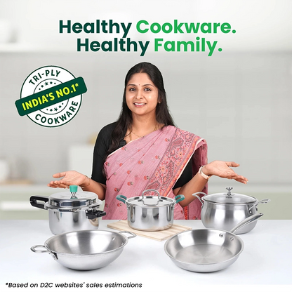 TurboCuk Tri-ply Stainless Steel Kadai+ Steel Lid, Premium Quality, 3 Layer Thick Body, 100% Toxin-free, Non-stick, Induction & Gas, 3L/3.5L/3.9L/4.5L