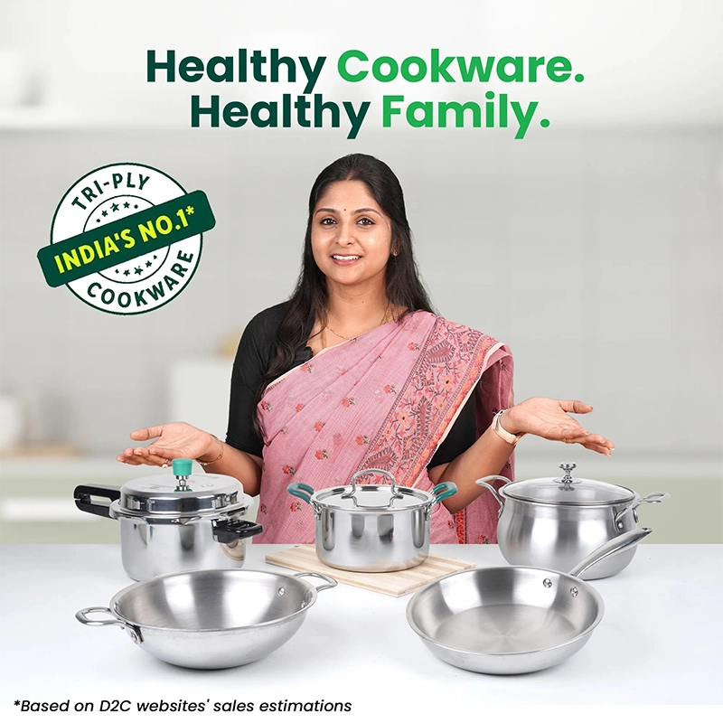 TurboCuk Tri-ply Stainless Steel Kadai+ Steel Lid 18cm Premium Quality, 3 Layer Thick Body, 100% Toxin-free, Non-stick, Induction & Gas