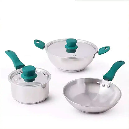 Tri-Steel Stainless Steel Cookware Set: Kadai with Lid+ Tea/Milk Pan with Lid+ Fry Pan, Premium Quality, Tri-ply (3 Layer Bottom), Soft-touch Handles, 100% Toxin-free, Non-stick, Induction & Gas