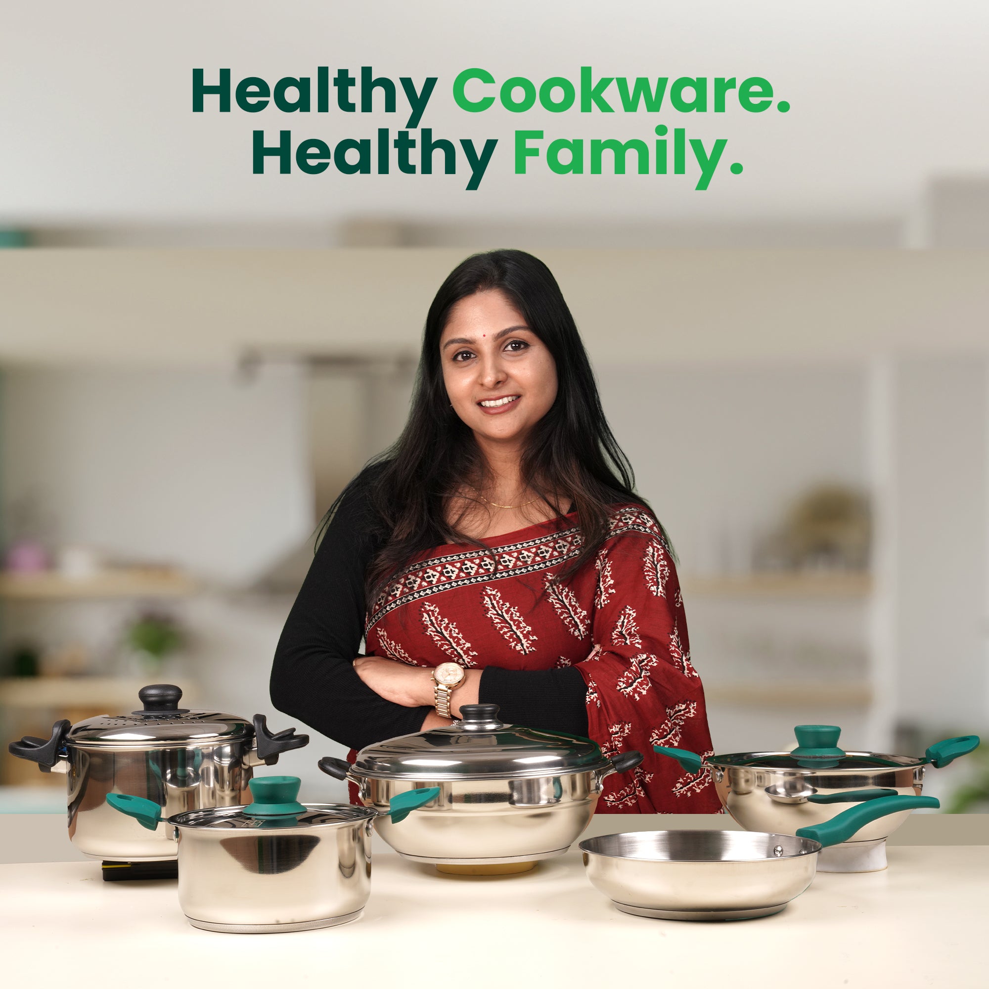 Tri-Steel Stainless Steel Kadai+ Lid 1.6/2.1/3.4/4.5 L, Premium Quality, Tri-ply (3 Layer) Bottom, Cool-touch Handles, 100% Toxin-free, Non-stick, Induction & Gas