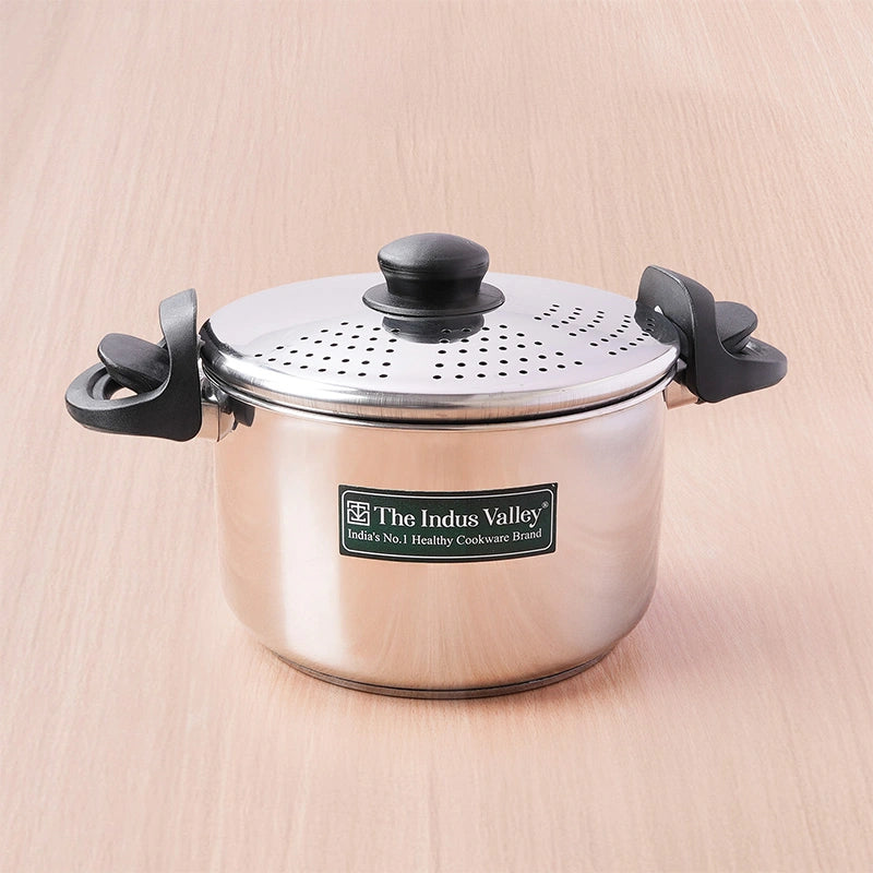 Premium Stainless Steel Rice Pot with Strainer Lid & Lock free Bakelite Handles 2.5/3.5L/5L, Tri-ply 3-Layer Heavy Bottom | Noodle/Pasta/Corn/Soya/Veggies Boiler Pot, Steamer Cooker, Induction & Gas