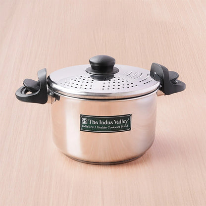 Premium Stainless Steel Rice Pot with Strainer Lid & Lock free Bakelite Handles 2.5/3.5L/5L, Tri-ply 3-Layer Heavy Bottom | Noodle/Pasta/Corn/Soya/Veggies Boiler Pot, Steamer Cooker, Induction & Gas