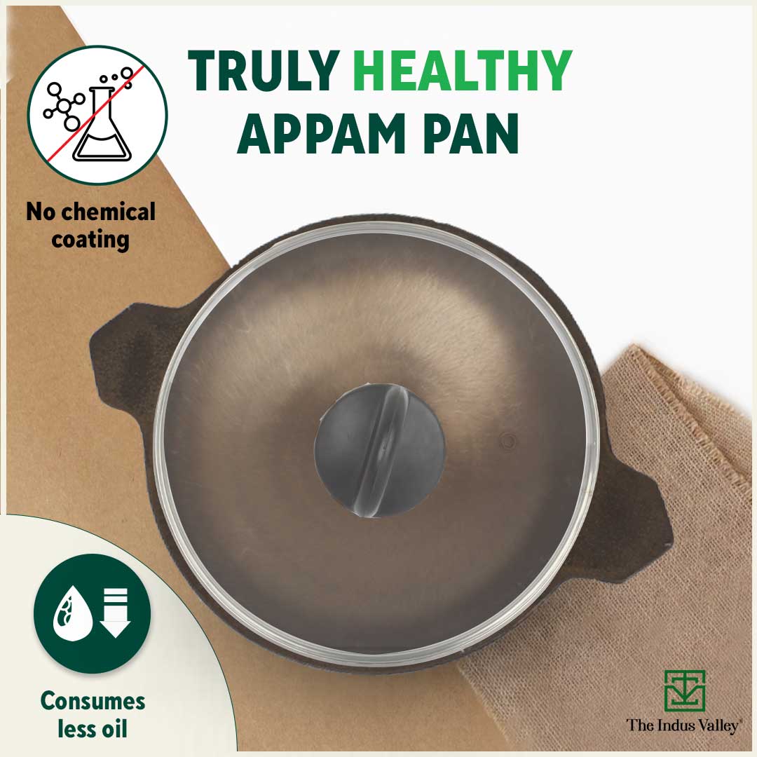 Super Smooth Cast Iron Appam Pan/Appachetty, Glass Lid, Seasoned, Nonstick, 100% Pure, Toxin-free, 22cm, 1.9kg