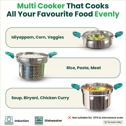 Tri-steel Multi Cooker Pot Premium Stainless Steel Momo Maker/ Idiyappam/ Biryani/  Veg Steaming Set, 3 Pots, 21cm