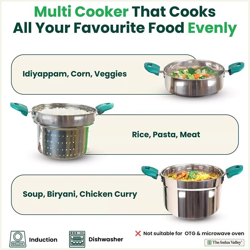 Tri-steel Multi Cooker Pot 21 cm Premium Stainless Steel Momo Maker/ Idiyappam/ Biryani/ Veg Steaming Set 3 Pots, Induction & Gas