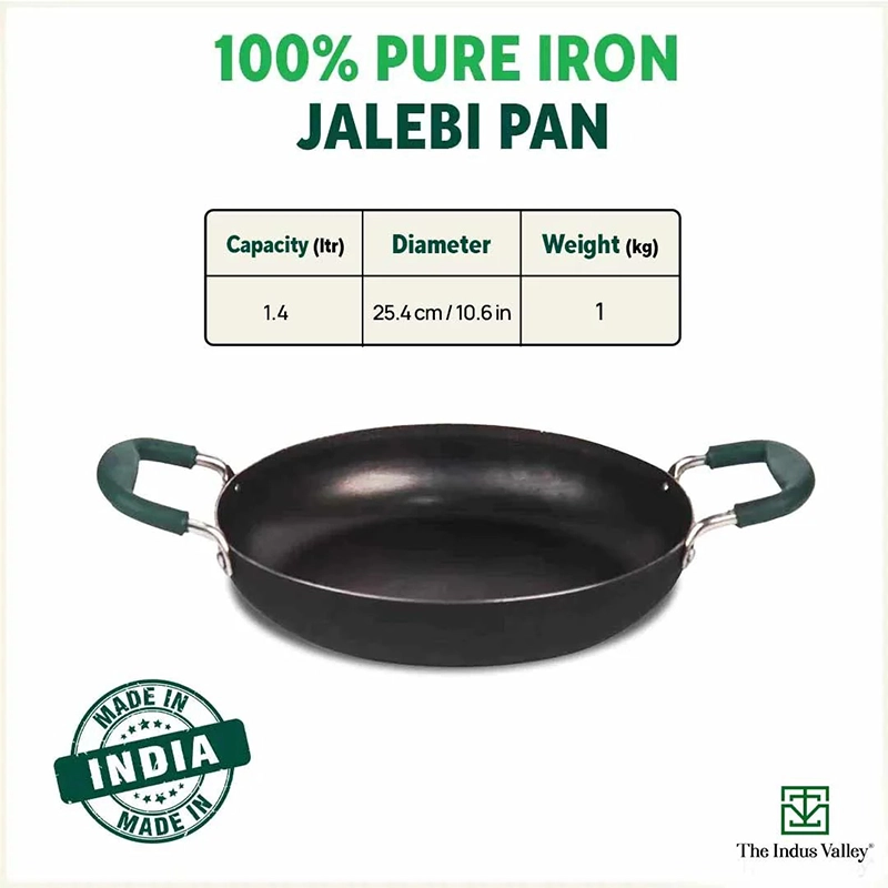 100% Pure Sheet Iron Kadai/ Jalebi/ Paella Pan 1.4L, Silicone Cool Handles, Seasoned, Toxin-free, Induction