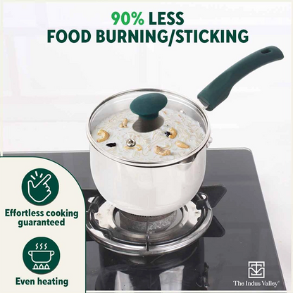 Tri-steel Stainless Steel Tea/Milk Pan with Spout & Glass lid, Premium Quality, Tri-ply (3 Layer) Bottom, 100% Toxin-free, Non-stick, Induction & Gas, 1 Litre