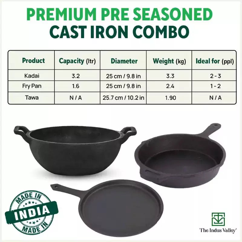 CASTrong Cast Iron Cookware Set: (25.7cm)Tawa+ (25cm)Kadai+ (25cm)Frypan, Kitchen Set for Home, Pre-seasoned, 100% Pure, Induction, Free ₹400 Tadka Pan