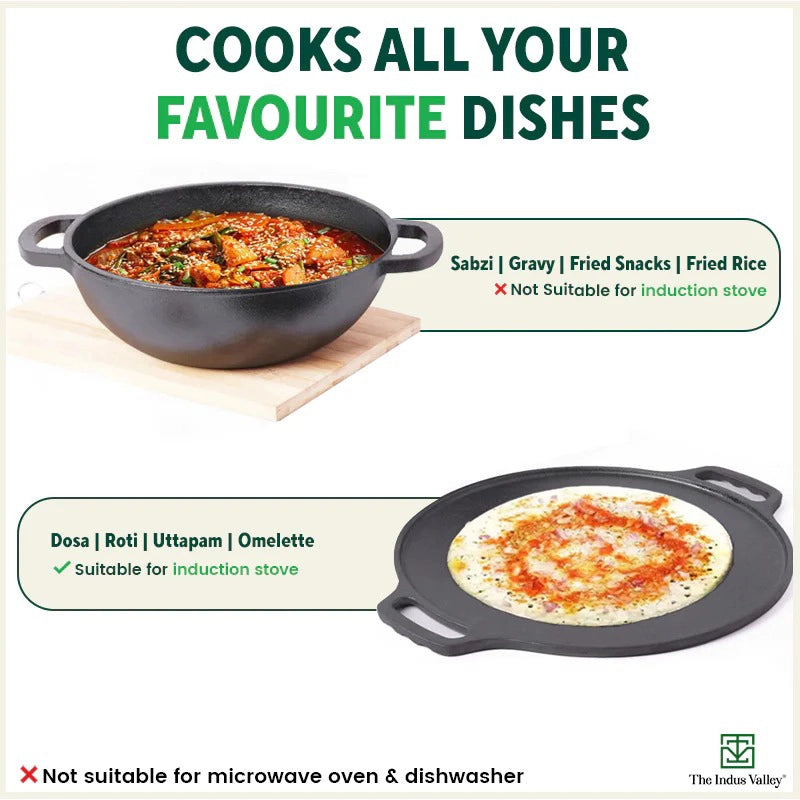 CASTrong Cast Iron Cookware Set: (30.2cm)Tawa+ (25.4cm)Kadai, Kitchen Set for Home, Pre-seasoned, 100% Pure, Toxin-free, Induction, Free ₹400 Tadka Pan