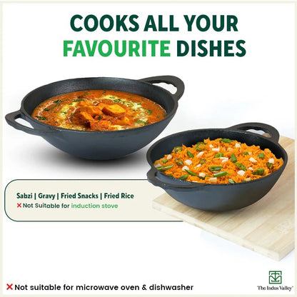 CASTrong Cast Iron Cookware Set - Kadai [1.4L]+Kadai [2.2L],Pre-seasoned,100% Pure,Toxin-free
